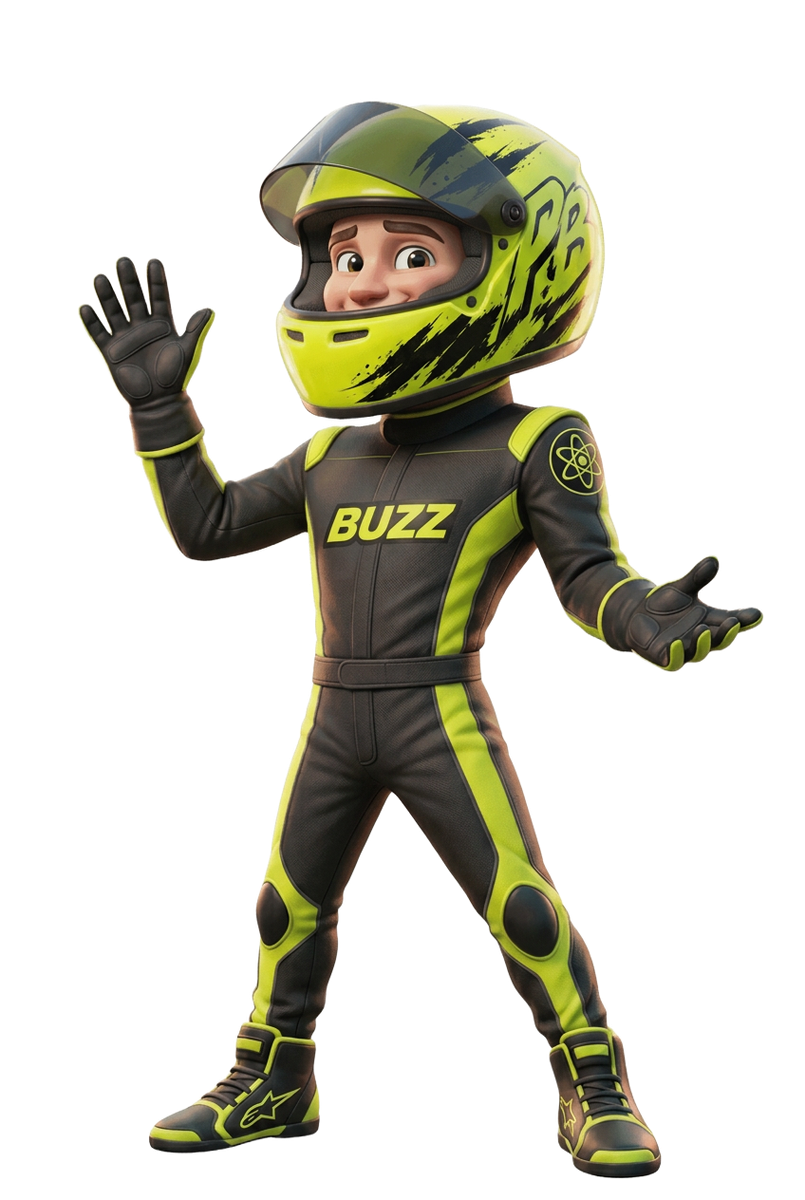 Buzz, the Paddock Buzz AI research agent, in the welcome pose